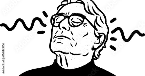 Elderly man enjoying radio waves with eyes closed in hand drawn sketch