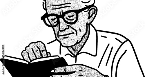 Elderly man brushing dust off an old book in a nostalgic hand drawn sketch