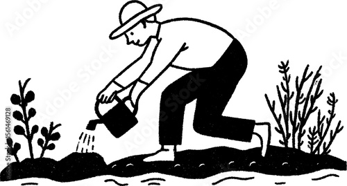 Grandfather planting vegetables in garden - nostalgic scene with hand drawn charm