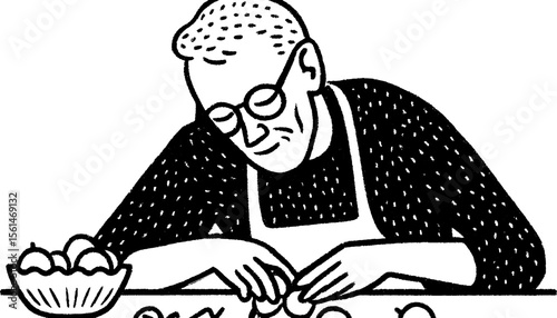Grandfather peeling apples sketch: nostalgic kitchen scene for family recipes
