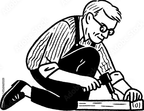 Grandfather crafting: hand-drawn sketch of whittling wood for artistic inspiration