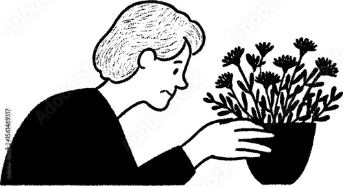 Elderly woman arranging flowers in ceramic pot sketch - floral arrangement art