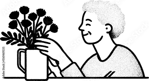 Grandmother arranging flowers with care in a vase sketch drawing