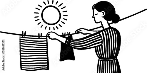 Nostalgic scene of grandmother hanging laundry under sun - hand drawn design for creative projects