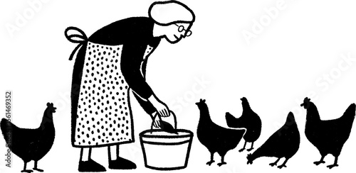 Elderly woman feeding chickens in garden setting - rustic rural life scene