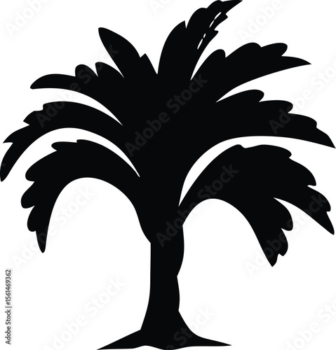 Black Silhouette of a Palm Tree with Lush Fronds and a Thick Trunk Isolated on White Background Simple Graphic