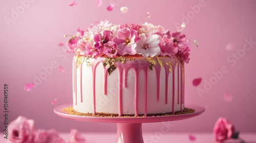 A beautiful cake. Birthday cake with chocolate and strawberries. Cake with pink and gold flowers. Colorful and Delicious Birthday cake. Happy Mother' Day. Valentine Day. Happy Birthday. Happy Wedding 