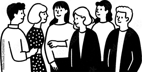 Hand-drawn sketch of colleagues greeting in a hallway