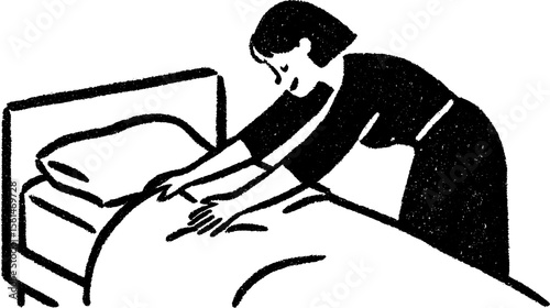 Hotel housekeeper changing bed sheets in hand drawn sketch style for hospitality themes