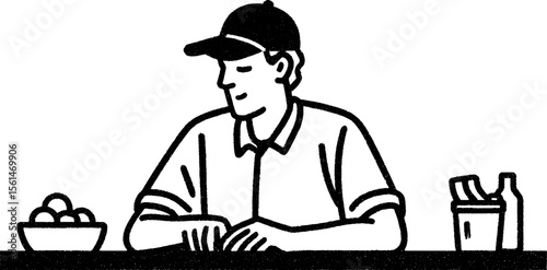 Juice bar worker slicing fruit - hand drawn sketch for beverage stand design