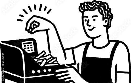 Kitchen staff member checking timer in black and white sketch for culinary design