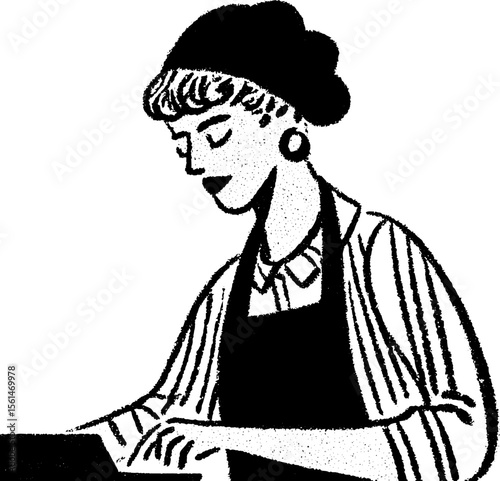 Kitchen staff member checking timer in hand drawn sketch for culinary concept
