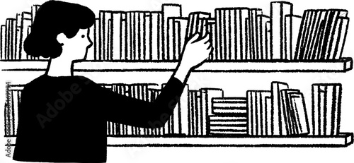 Librarian organizing books in a quiet room sketch for educational decor