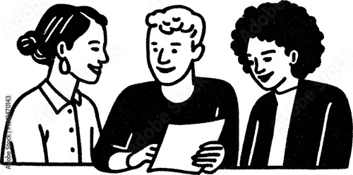 Loan officer reviewing documents with clients hand drawn sketch for business design