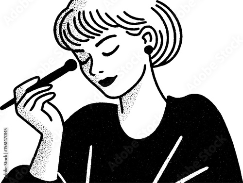 Elegant makeup artist applying blush with gentle brush strokes in monochrome sketch