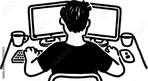 Motion designer editing frames on dual monitors in artistic sketch concept