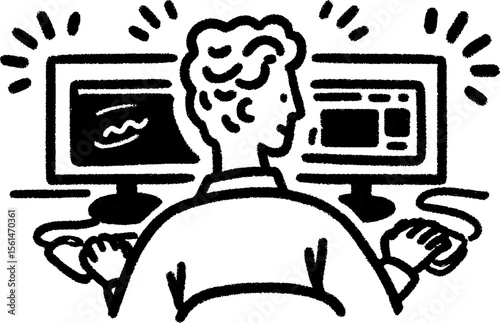 Motion designer editing on dual monitors - creative workflow concept