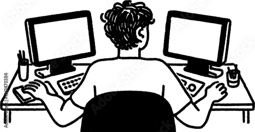 Motion designer editing frames on dual monitors sketch for creative workspace design