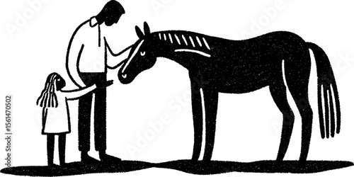 Heartwarming moment: parent and child petting a horse sketch