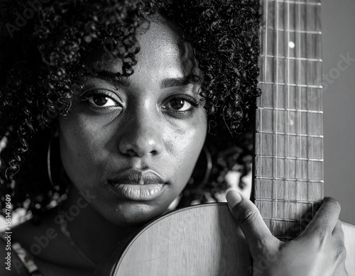 Atmospheric Monochrome Portrait of a Female Artist with Her Vintage Guitar.