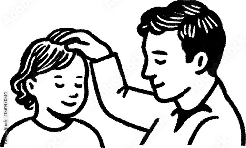 Parent gently brushing child's hair sketch for family care theme