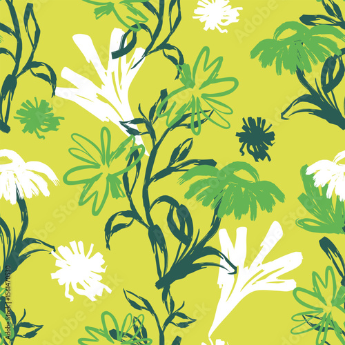 Minimalistic hand drawn Floral Pattern. Gouache drawn Flowers in Scribble style. Childish drawing. Hand draws swirls. Curly brush strokes, marker scrawls as graphic design elements set