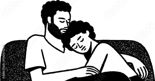 Emotional bonding moment: parent comforting child on couch sketch