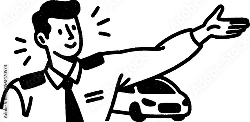 Sketch of parking attendant directing car with gesture for guidance