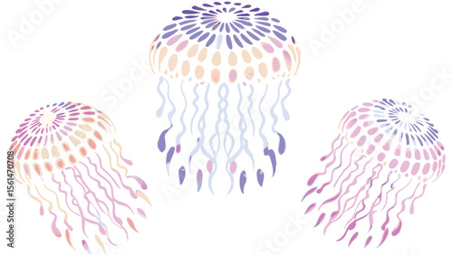 Three watercolor jellyfish with purple and pink hues floating on a white background view from below