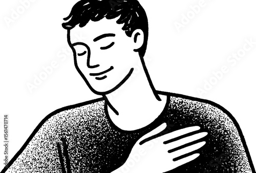Serene figure brushing feathers off shirt with tranquil expression