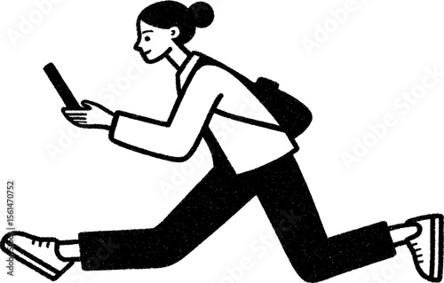Person checking notes on digital tablet while walking