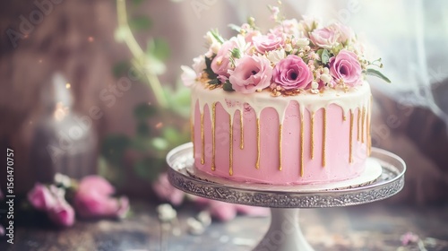 A beautiful cake. Birthday cake with chocolate and strawberries. Cake with pink and gold flowers. Colorful and Delicious Birthday cake. Happy Mother' Day. Valentine Day. Happy Birthday. Happy Wedding 
