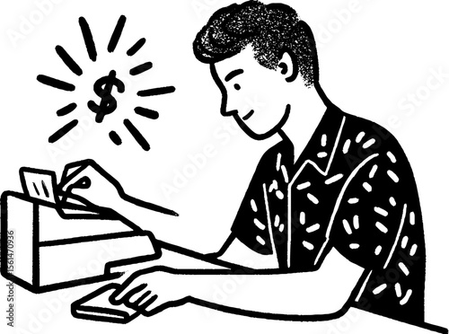 Doodle of a person depositing a cheque at a bank counter with dollar sign