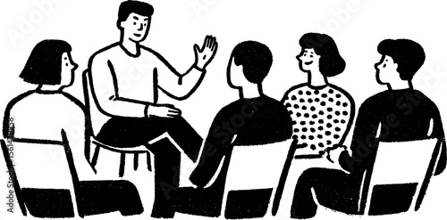 Collaborative learning session with person presenting to group in chalk style