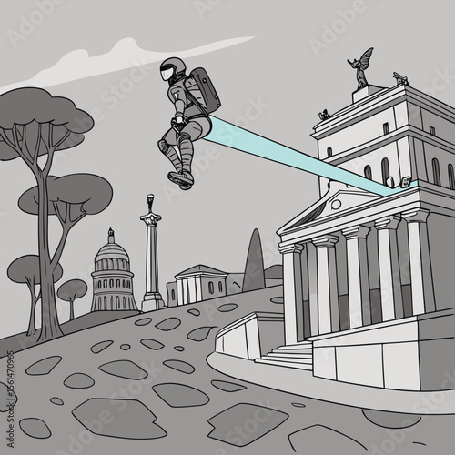 Astronaut with jetpack flying over historical buildings with a blue beam in a grayscale illustration