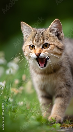 Wallpaper Mural Tabby Cat Walking Outdoors with Open Mouth – Close-Up of Striped Feline in Motion on Green Grass with Whiskers and Expressive Eyes Torontodigital.ca