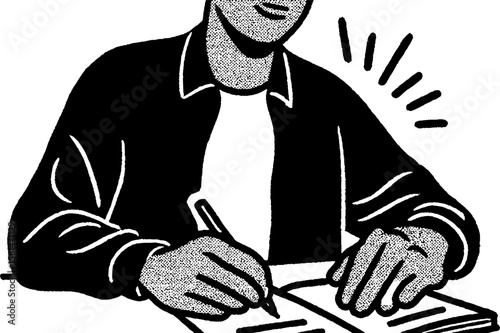 Person taking notes while watching with focused expression and hand drawn texture