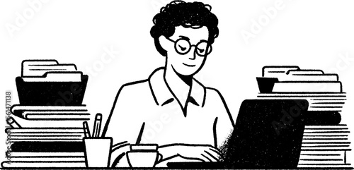 Person managing digital files with laptop and documents for office productivity