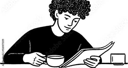 Contemplative moment with investing newsletter and coffee in hand-drawn sketch