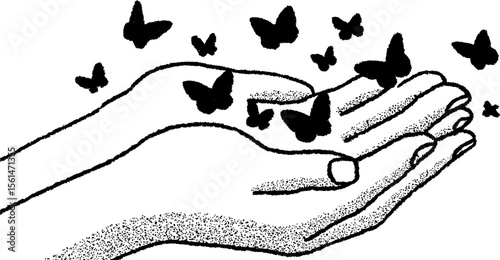 Whimsical release: butterflies fluttering from cupped hands in artistic sketch