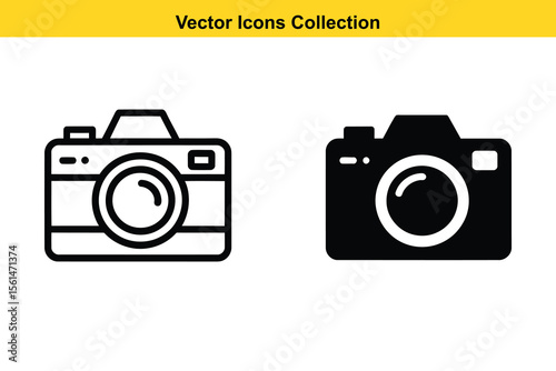 Two simple vector icons of cameras one outlined and one solid black