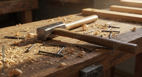 Artisan's workspace displaying hammer nails and wood shavings with warm lighting