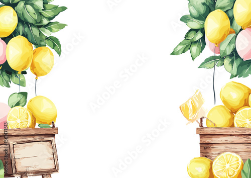 Lemon and pastel balloon arrangement with wooden crates and leaves  