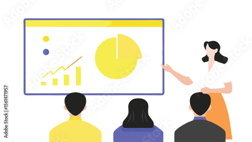 Presentation with chart and graph being given to an audience by a presenter in a meeting room setting