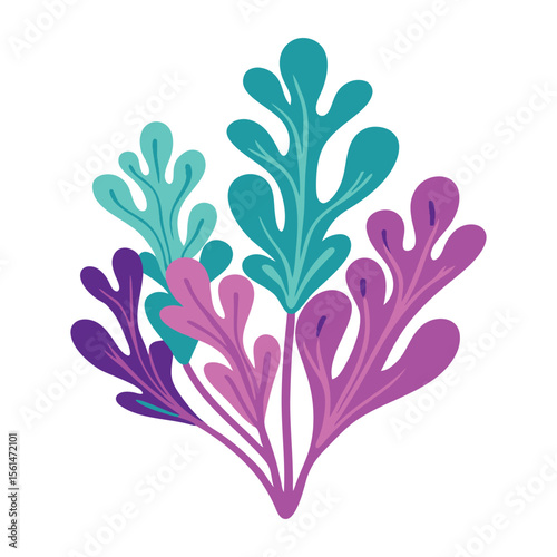 Colorful cartoon seaweed illustration with purple, pink, and teal leaves isolated on transparent background