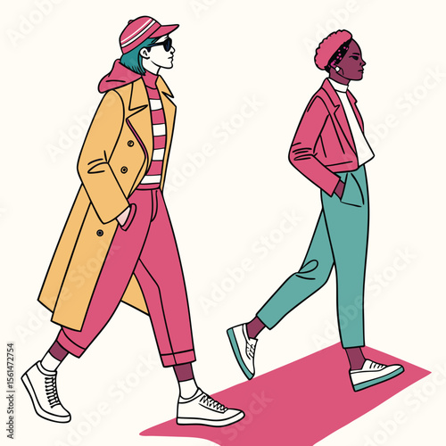 Two stylish women walking side by side in fashionable outfits with a pink shadow on a white background