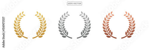 Gold, silver, bronze laurel wreaths. Winner medal award set vector illustration. Victory symbol template