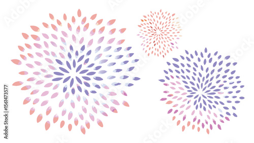 Three floral bursts with purple and peach petals arranged in a circular pattern on white background