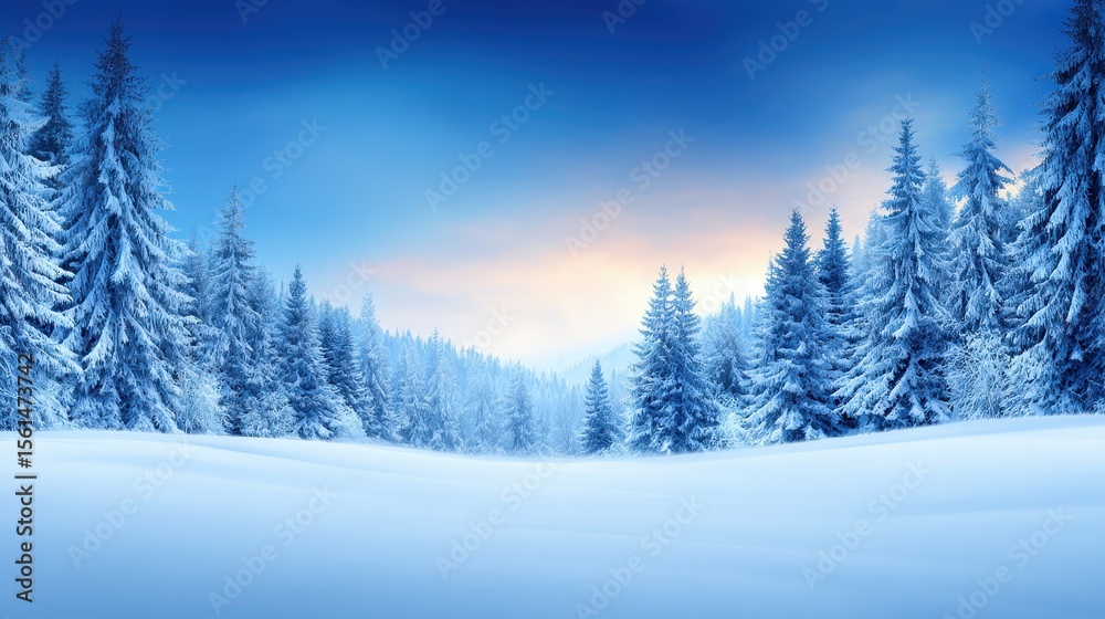 Naklejka premium Serene winter landscape with snow-covered trees and a soft sunrise in the background