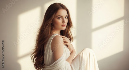 Beautiful caucasian woman very long healthy straight dark brown sunlit room looking away natural beauty hair care